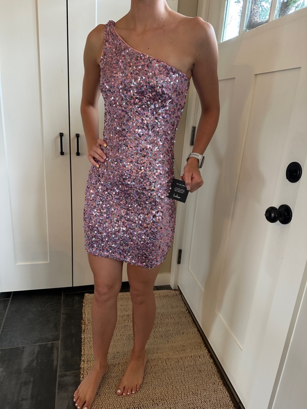 Lulu's Lavender-Pink One-Shoulder Sequin Mini Dress
